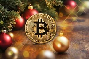 AI generated Golden bitcoin with christmas tree and bokeh lights on wooden background photo