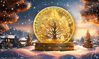 AI generated Christmas and New Year background with a Christmas tree and a golden coin. photo