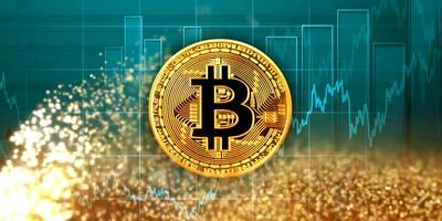 Bitcoin. Cryptocurrency. Golden coin with bitcoin symbol on the background of the stock chart. photo