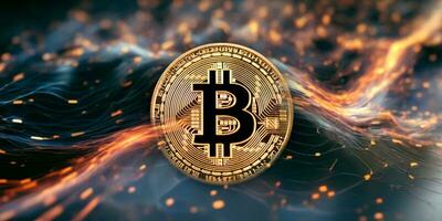 AI generated Bitcoin. Cryptocurrency. Digital currency. Golden coin with bitcoin symbol on a dark background. photo