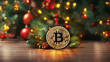 AI generated Golden bitcoin with christmas tree on wooden table. photo