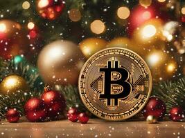 AI generated Bitcoin cryptocurrency coin on christmas tree background. Cryptocurrency concept. photo