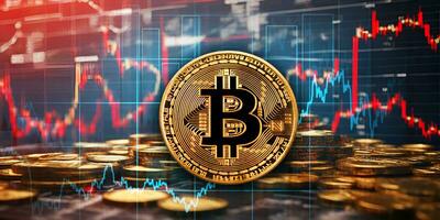 AI generated Bitcoin cryptocurrency coin on the background of the financial chart and graph. photo