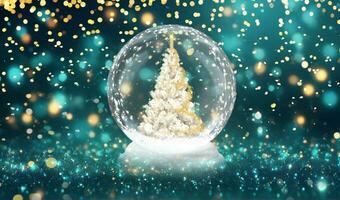 Snow globe with Christmas tree on turquoise and gold bokeh background. photo