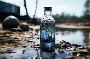 AI generated water bottle with water drop falling onto the ground photo