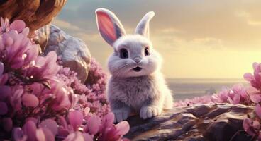 AI generated white bunny purple wallpaper photo