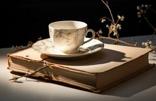 AI generated white mug and book with a saucer photo