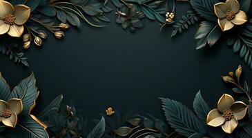 AI generated tropical frame with gold branches and leaves in blue gradient background photo