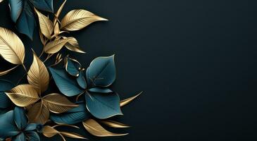 AI generated tropical frame with gold branches and leaves in blue gradient background photo