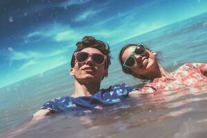 AI generated two young people laying on the beach enjoying the ocean photo