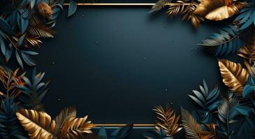 AI generated tropical frame with gold branches and leaves in blue gradient background photo