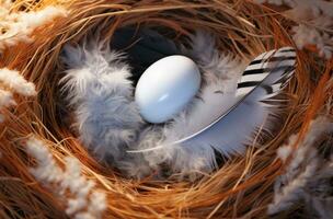 ai generado dos huevos con plumas en un nido, foto