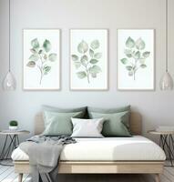 AI generated three watercolors are on the wall in the form of white leafs, photo