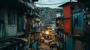 ai generado generativo ai, brasileño favelas comunidad, panorámico ver con muchos casas, urbano pueblo pobre casa edificios foto