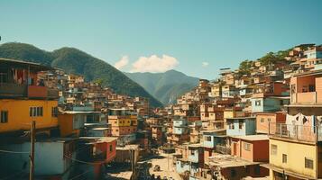 AI generated Generative AI, Brazilian favelas community, panoramic view with many houses, urban town poor house buildings photo