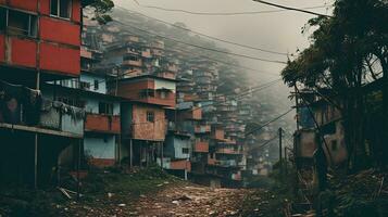 ai generado generativo ai, brasileño favelas comunidad, panorámico ver con muchos casas, urbano pueblo pobre casa edificios foto