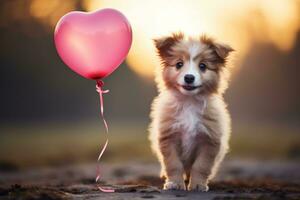 AI generated this cute puppy with a pink heart shaped balloon is holding it, photo