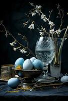 ai generado mesa con azul huevos y flores alrededor foto