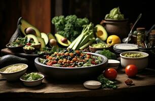 AI generated several bowls of food on a table, photo