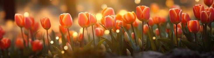 AI generated red and orange tulips bloom in a small grove with other trees, photo