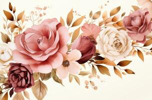 AI generated pink roses and gold frames template with frame photo