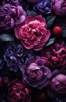 AI generated peonies in a dark setting with a colorful background photo