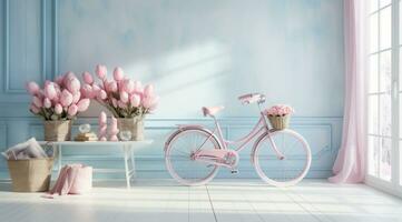 ai generado rosado bicicleta con tulipanes para primavera foto