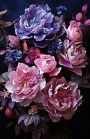 AI generated peonies in a dark setting with a colorful background photo