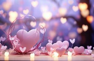 AI generated pink hearts on purple flowers and bokeh background photo