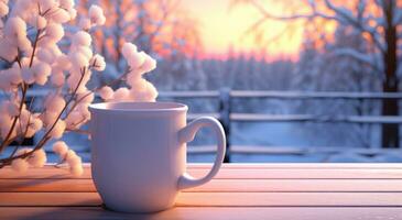 AI generated mug of hot tea in beautiful winter trees outside of window photo