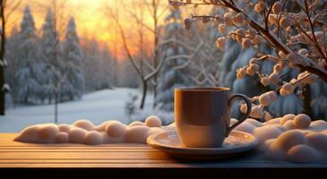 AI generated mug of hot tea in beautiful winter trees outside of window photo