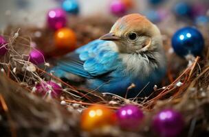 ai generado uno pájaro descansa en un nido con dos blanco huevos y plumas foto