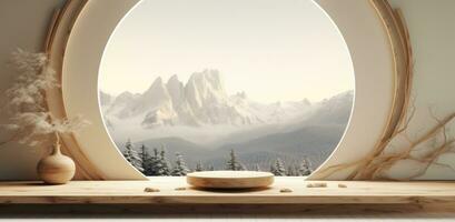 AI generated natural interior design with white background of mountains and mountain photo