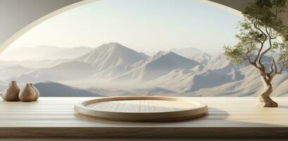 AI generated natural interior design with white background of mountains and mountain photo