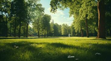 AI generated open space nature backdrop of green grass with trees photo