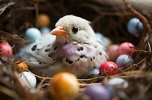 AI generated one bird rests in a nest with two white eggs and feathers photo