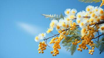 AI generated mimosa branch, flowers, tree branch, branch frame animation photo