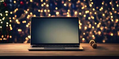 Laptop with blank screen on wooden table against blurred christmas lights background photo