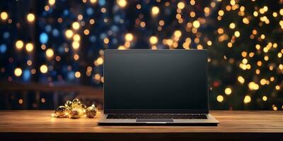 Laptop on wooden table in front of defocused christmas lights photo