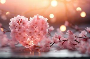 ai generado ligero rosado corazón con rosado flores y luces alrededor eso en antecedentes foto