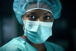 AI generated lady surgeon wearing surgical mask and scrub photo