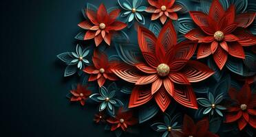 AI generated hand cut christmas poinsettia pattern with lights on blue background photo