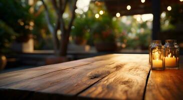 ai generado interior al aire libre madera mesa con luces foto