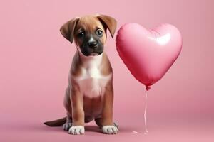 ai generado en forma de corazon rosado globo perrito perro en pie en rosado antecedentes foto