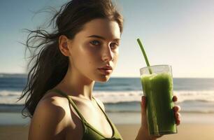 ai generado niña Bebiendo un verde jugo en el playa foto