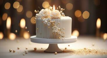 AI generated goldshaded white cake sitting on a pedestal with golden confetti photo