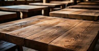 AI generated empty wooden tables in restaurant, close up shot photo