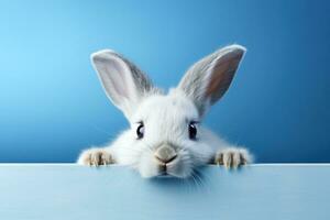 AI generated easter rabbit peeking out of a blue shelf photo