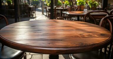 ai generado vacío de madera mesas a un restaurante foto