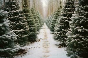 AI generated Christmas trees farm covered with snow. Beautiful winter landscape. photo